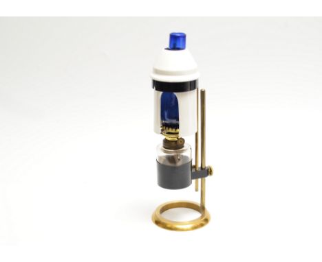 A 20th Century lacquered brass and black-painted Microscope Lamp,  with spirit lamp with glass reservoir, blue glass chimney 