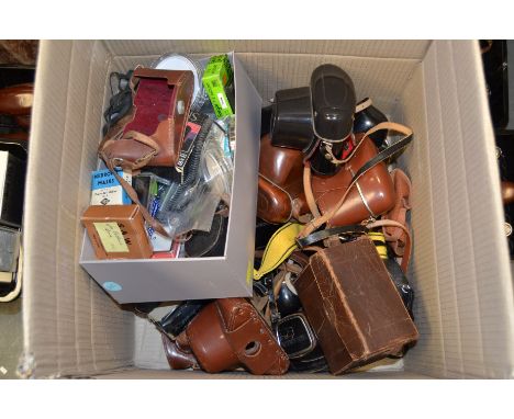 A Box of Camera cases and accessories, mostly Ihagee, Miranda ever ready cases, filters and other items 