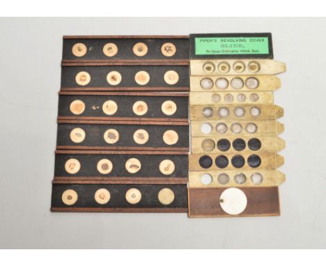 Various Microscope Slides,  micrometer slides (8), Zeiss metallurgical slide, in case, Abbe test plate, and mahogany and bone