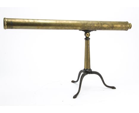 A late 19th Century brass 2in Refracting Telescope,  with pillar stand, with folding cabriole iron tripod stand, 800mm long, 