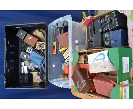 A Quantity of Camera Related Items, incl; box cameras, dark room equipment, Kodak light box and other items 