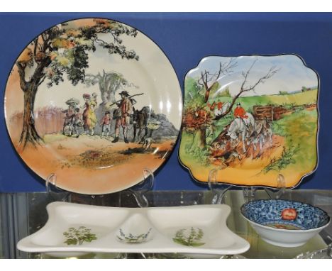 A Royal Doulton seriesware plate, Travellers on a Road, D. 27cm; together with a Crown Ducal Ware hunting plate, an Oriental 