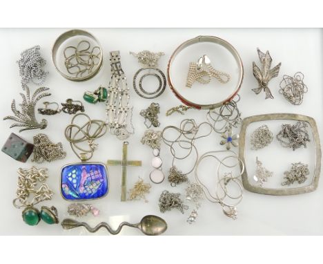 A quantity of assorted silver and other jewellery including an enamel plaque brooch, enamel bangle, gatelink bracelet, chains