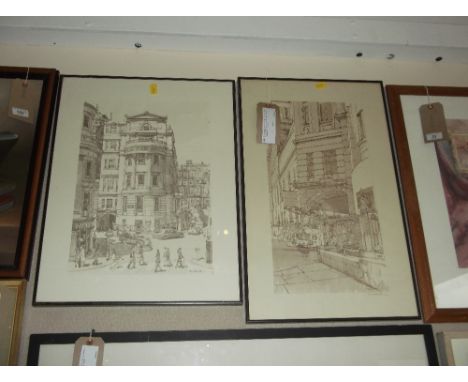 Ken Howard, Charing Cross Hospital, sepia print, signed in pencil lower right, 50 x 26cm, together with another similar, (2)