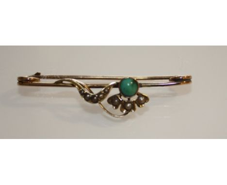 A 15ct gold seed pearl and turquoise bar brooch.