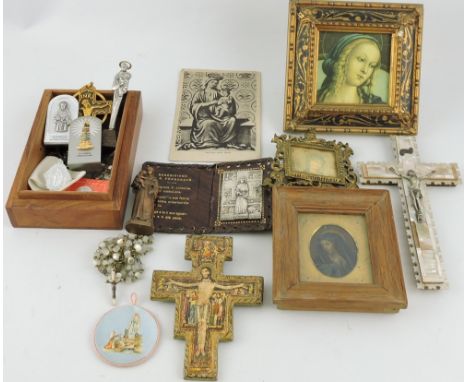 A collection of 19th Century and alter religious talismen and memento's including a Jerusalem mother of pearl corpus, Madonna