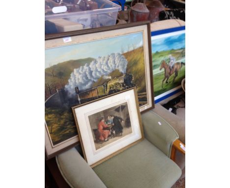 A3 PACIFIC OIL ON BOARD SIGNED J.L. CHAPMAN, HORSE AND JOCKEY GOUACHE SIGNED JOSE AND A SIGNED PRINT