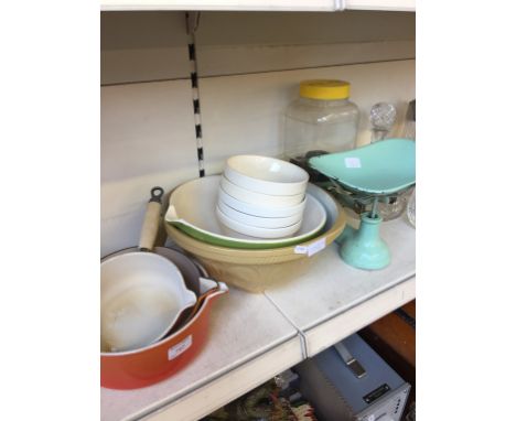 LE CRUSET PANS, KITCHEN BOWLS AND GREEN SCALES.    F4