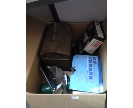 BOX INCLUDING CORDLESS DRILL, SECURITY LIGHTS, METAL TRUNK