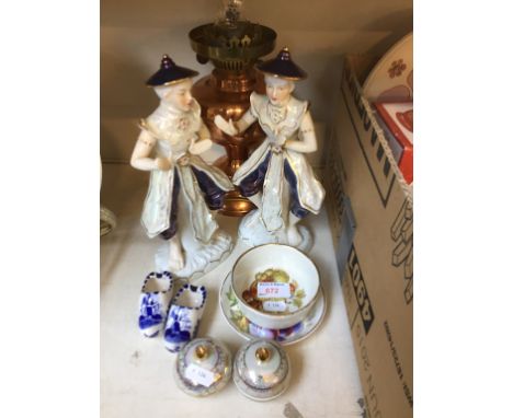 COPPER LAMP, CHINA AND FIGURES     D2