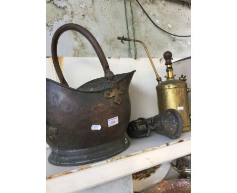 COPPER SCUTTLE, MOTORING LAMP AND BRASS SPRAY.    P5