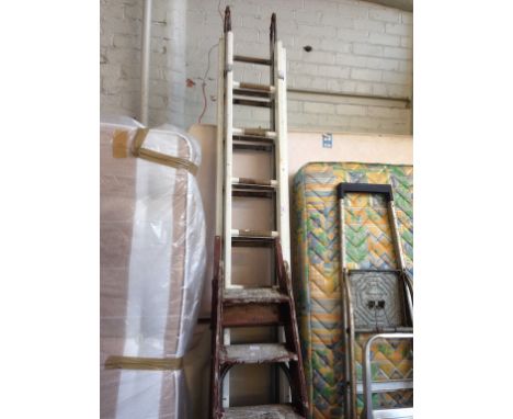 LARGE WOODEN EXTENDING LADDERS, SMALL METAL STEP LADDERS AND WOODEN STEP LADDERS