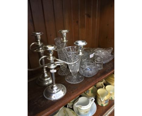 GLASSWARE AND PAIR CANDELABRA