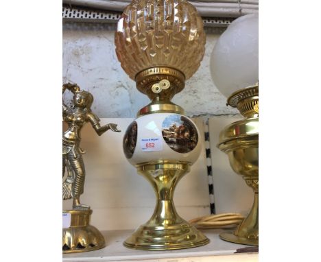 BRASS, POT AND GLASS OIL LAMP. H50CM