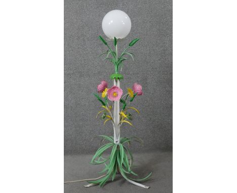 A Mid-century Italian toleware polychrome floral design standard lamp, the stem designed as wheat stooks, pink poppies and ye