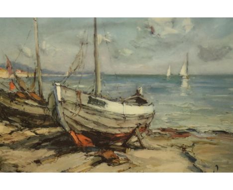 A carved giltwood oak leaf design framed and glazed print of sailing boats, signed in plate. H.86 W.66cm. 