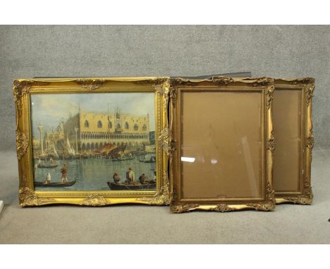 A large giltwood framed and glazed print of Venice along with two giltwood foliate design frames. H.78 W.93cm. 
