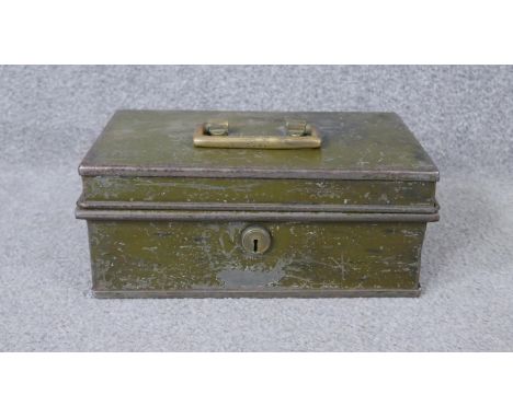 A Milner's Safe Company vintage army green lockable painted cash box with hinged compartments and lift out tray. Brass locks 
