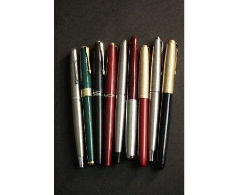 A collection of nine vintage fountain pens, including Parker and Sheaffer. Various models. 