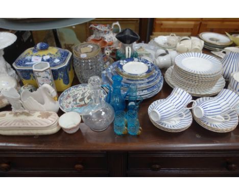 AN EDWARDIAN CUT GLASS BISCUIT BARREL with plated mount and lid, a Victorian part tea service and other decorative items