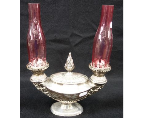 A SILVER PLATED TABLE LAMP, of Empire style, engraved, 'Souvenir Du 8 Fevrier 1890'