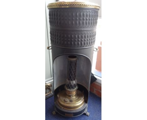 AN EARLY 20TH CENTURY PORTABLE GREENHOUSE OR CONSERVATORY HEATER with brass oil lamp "Ardent made in Belgium"