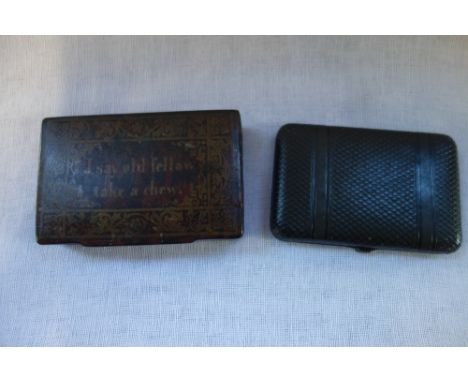 A 19TH CENTURY PAPIER MACHE SNUFF BOX, inscribed, 'I say old fellow take a chew' and a leather covered card case (2)