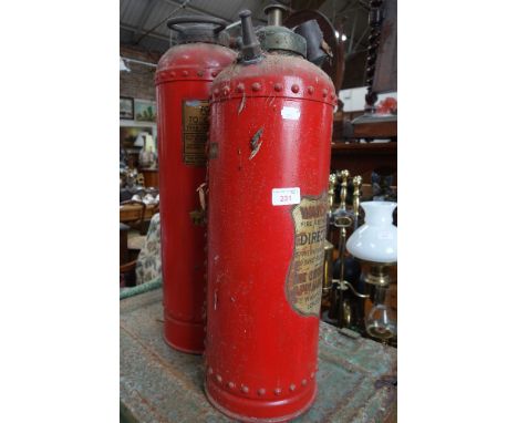 TWO VINTAGE FIRE EXTINGUISHERS, a World War II ammunition box (examine) and a hanging lamp