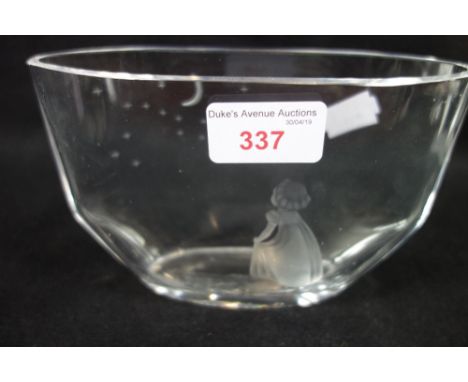 ORREFORS; A GLASS VASE OF FLATTENED FORM etched with a girl gazing at stars, 10.5cm high