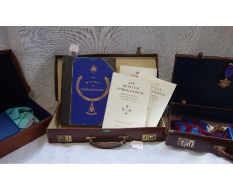 A COLLECTION OF MASONIC REGALIA IN LEATHER CASES, AND A VOLUME; 'THE HISTORY OF FREEMASONRY' by R. F. GOULD, (vol I only)