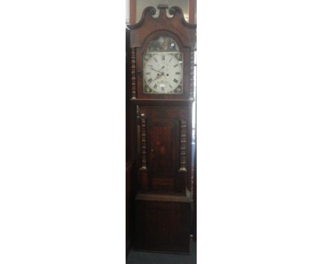 A LARGE 19TH CENTURY OAK AND MAHOGANY LONGCASE CLOCK with painted dial
