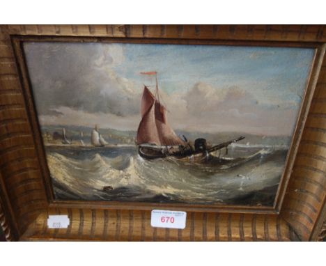 A 19TH CENTURY OIL ON CANVAS, seascape with boats in rough sea in gilt frame&nbsp;