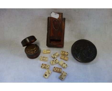 A 19TH CENTURY CIRCULAR HORN BOX, decorated with figures in relief, 'Oratorio of Judith' a miniature set of bone dominoes and