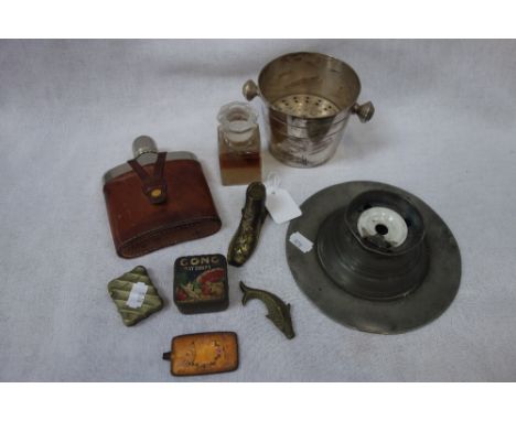 A VICTORIAN BRASS PAPER CLIP in the form of a boot, a lead inkwell, a plated ice bucket and sundries