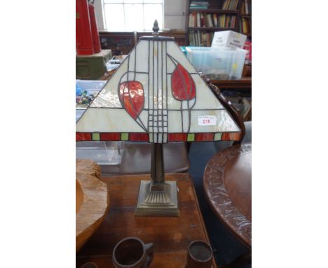 A TIFFANY STYLE TABLE LAMP, the square shade in Mackintosh style
