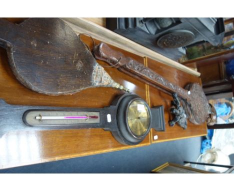AN OAK CASED BAROMETER, cast iron beetle boot remover and two pairs of bellows