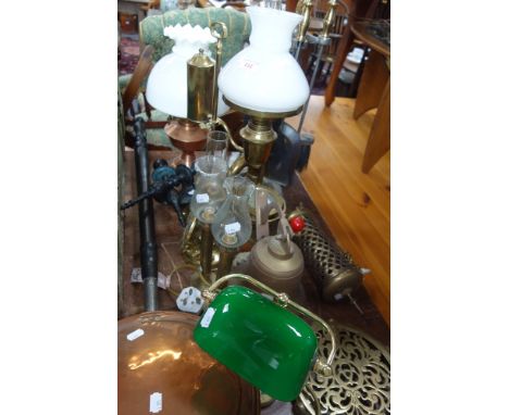 A BRASS STUDENT'S LAMP, a warming pan and similar metalware