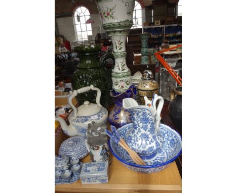 A LARGE WEST GERMAN VASE, a Cottage Ware teapot, a Spode "rural scenes" ceramic kettle and other decorative ceramics