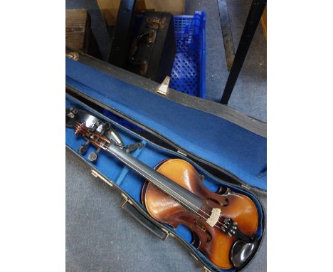 A TATRA VIOLIN BY ROSETTI with case, a clarinet with case and a stamp album (3)