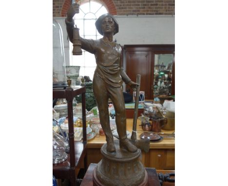 A VICTORIAN SPELTER FIGURE in the form of a miner holding his Davy lamp