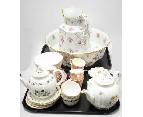 Selection of decorative ceramics and tea ware, including: Victorian wash jug and bowl; Royal Worcester 'Engadine' pattern par