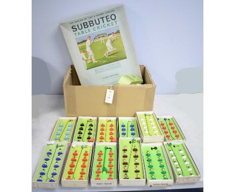 Selection of Subbuteo table soccer items, including: twelve scale player sets, each in box; Subbuteo goals; Subbuteo match sc