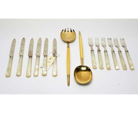 A Hungarian 800 standard silver-gilt serving set, 5.0ozs gross, and a Victorian electroplate fruit set for six, by William Hu