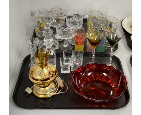 Selection of glass ware, including: set of seven Royal Commemorative Queen Elizabeth II Coronation tumblers; set of six etche