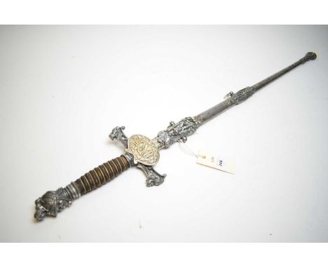 20th Century Spanish presentation sword, with spear tipped double edged blade, in scabbard with applied moulded decoration, 9