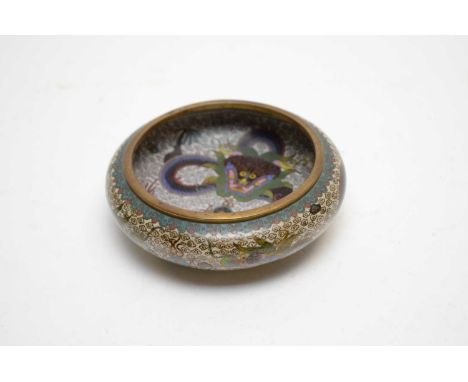 Chinese cloisonne enamel dish, decorated with dragon figures to exterior and interior, 14cms diameter. 