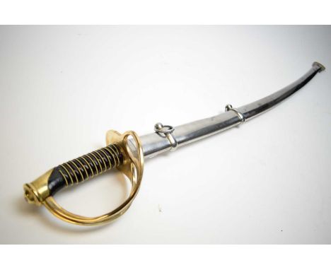 Cavalry sword, with three-bar brass hilt, wire bound grip, contained in a scabbard, 107 cms overall. 