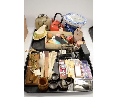 Selection of collectible items, including: blue and white ceramic miniature toilet; stoneware 'Little Folks Footwarmer' hot w
