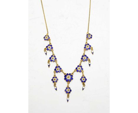 An early 20th century yellow-metal filigree and enamel forget-me-not tassel necklace, 4.7g gross.