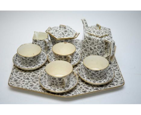 Victorian Ridgways 'Chintz' tea service, decorated with pattern of bees, flowers, foliage and scrolls, comprising tea pot, fo